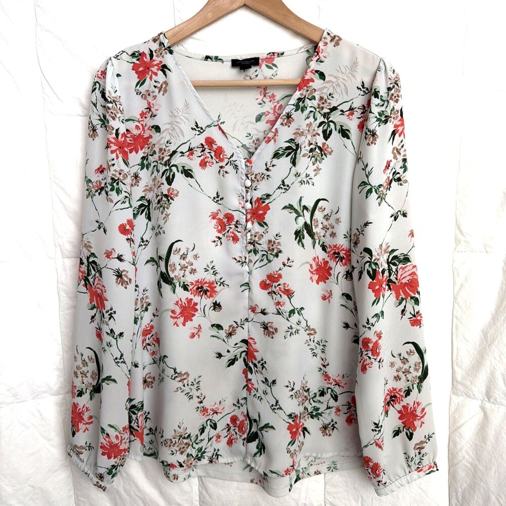 Ann Taylor Floral Blouse Top Women V Neck Long Sleeve Size M